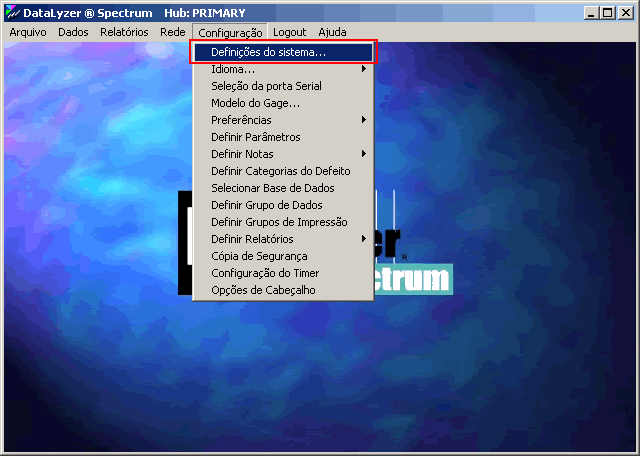 Tela principal do Datalyzer Spectrum, menu Configura��o - Defini��es do sistema