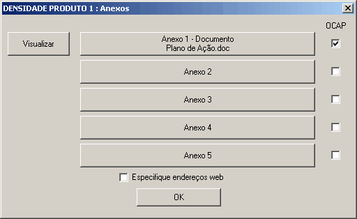 Janela com os bot�es para adicionar anexos �s caracter�sticas. Agora com o arquivo selecionado na janela anterior.