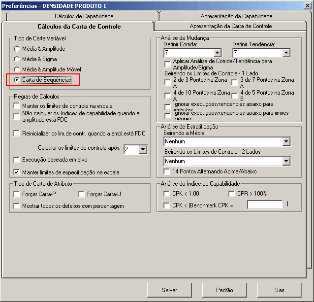 Op��o Carta de Seq��ncias da Janela de Configura��o de Prefer�ncias Estat�sticas da Caracter�stica Selecionada