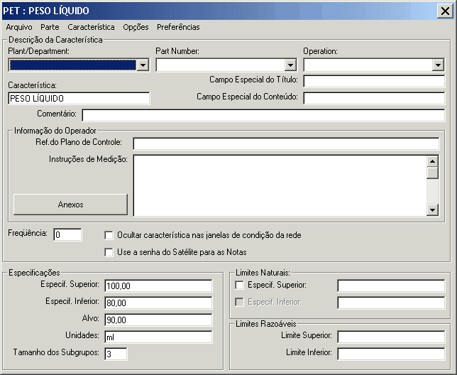 Janela de configuração da característica selecionada